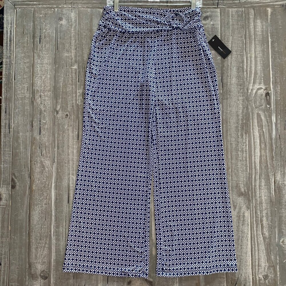 Robert Louis Pants Womens Size PL Navy White Geometric Wide Leg Nautical Palazzo